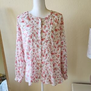 Cottagecore Long Sleeved Cotton Button Down Peasant Blouse L Floral Feminine